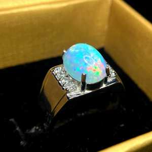แหวนโอปอลสีน้ำเงิน เงินแท้ 925 แหวนโอปอลธรรมชาติ แหวนหมั้นโอปอลไฟ แหวนของพ่อ เครื่องประดับประจำเดือนตุลาคม - Product Image 3
