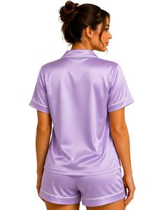 Conjunto de Pijama de Satén Morado Lavanda Personalizado por el Fabricante, Ropa de Dormir de Seda para Mujer, con Bolsillo Bordado, Manga Corta, Suave, para Descansar - Product Image 2