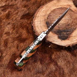 Couteau pliant en acier Damas forgé à la main, manche en bois d'olivier et de Pakka, étui en cuir, couteau de poche EDC pour la chasse et le camping - Product Image 3