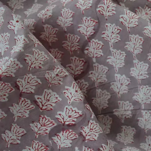 Hand Block Printed Cotton Fabric Grey <b>Red</b> Floral Buti Print Indian Handmade Soft Cotton Dress <b>Material</b> - Product Image 1