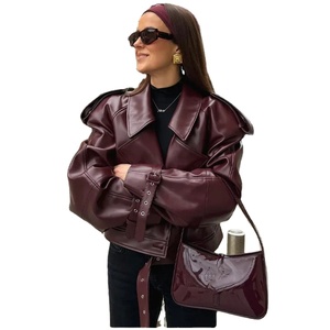 Fashion Women Leather <b>Jacket</b> Oversized Loose Fit PU Coat <b>Ladies</b> Wine Red Biker Outerwear Streetwear Top - Product Image 1