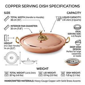 Luxury Handmade Pure Copper Shallow Casserole Pan with Gold Deer Figurine Lid Knob and Handles for Home Hotel Gourmet Cooking - Product Image 5