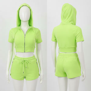 Ensemble deux pièces pour fille, tendance, 100% coton, sweat à capuche court zippé en molleton français, short taille haute avec poches et ceinture, coupe classique, OEM - Product Image 1