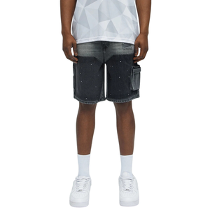 Shorts cargo en jean noir pour homme, coupe ample respirante, longueur genou, en coton, style streetwear décontracté, multi-poches, effet usé, été - Product Image 1