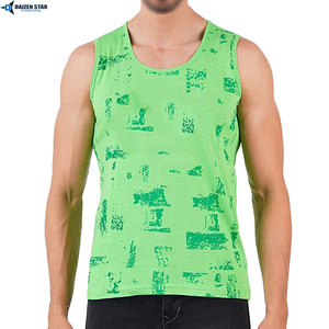 Men's Green Sleeveless Tank Top O-Neck Printed Casual Breathable Knitted Style - Product Image 2