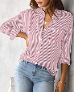 Camisa informal vintage 100% algodón para mujer, a rayas, manga larga, holgada, con bolsillo y botones - Product Image 4