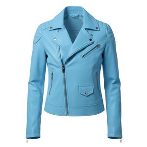 Blouson de moto en cuir bleu ciel pour femmes, vente en gros personnalisée, usage quotidien, style motard, veste en cuir véritable pour femmes, fournisseur en gros - Product Image 1