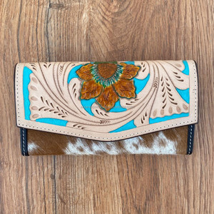 Sculpture À La Main Outillé Portefeuille Embrayage Téléphone Cas Élégant Multi Utilisations Western En Cuir Turquoise Couleur Fleur Portefeuille Pour Les Femmes - Product Image 3