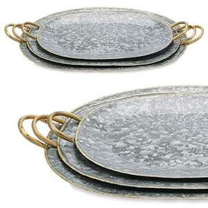 Ensemble de 3 plateaux de service ovales en métal galvanisé durable avec poignées dorées, décoration de cuisine style farmhouse pour la maison et les événements - Product Image 1