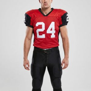 Conjunto de Uniforme de Fútbol Americano Personalizado para Hombre, Camiseta Roja con Cuello en V, Manga Corta, Malla Transpirable, Verano, con Número 24 y Pantalones Negros - Product Image 1