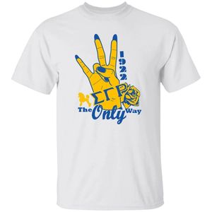 T-shirt décontracté à manches courtes et col rond, imprimé graphique manuel avec lettres grecques, motif Sigma Gamma Rho, blanc, bleu roi et or, pour fraternité - Product Image 1
