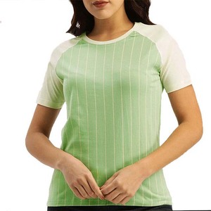 Women's Short Sleeve <b>Raglan</b> T-Shirt Green Striped Crew Neck Casual Knitted Breathable Spring Summer <b>Top</b> - Product Image 1