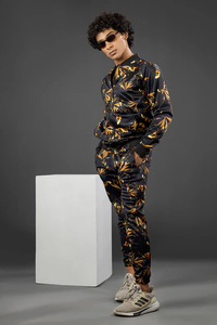 Survêtement unisexe en molleton noir à imprimé floral, coupe longue, à capuche avec poches latérales, pour tenue décontractée d'automne - Product Image 3
