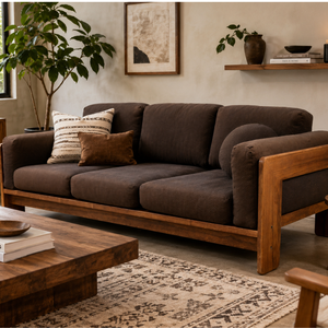 Sofá Moderno de Madera de Teca Sólida con un Solo Asiento y Brazos Tapizados en Tela para Sala de Estar, Hotel, Muebles de Madera Personalizados - Product Image 5