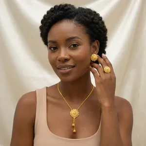 Luxury Classic Gold Plated Flower Charm Necklace Set with <b>Snake</b> Chain and Earrings for Women's Fashion - Product Image 4