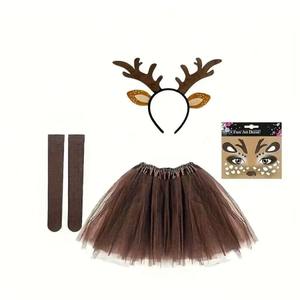 Diadema navideña para adultos con cuernos de reno, tutú, calcetines, conjunto de disfraz, accesorios para la cabeza y falda, set de pegatinas faciales - Product Image 1
