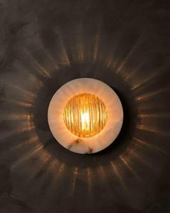 Sculpture murale ronde moderne en pierre avec insert en verre côtelé, lumière d'ambiance électrique intérieure pour la décoration de la maison - Product Image 1