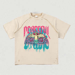เสื้อยืดโอเวอร์ไซส์ผู้ชาย สีเบจ พิมพ์ลายกราฟิก แขนสั้น คอกลม สตรีทแวร์ แฟชั่นลำลอง เสื้อยืดลายเทวดาสันติภาพสำหรับผู้ชาย - Product Image 1