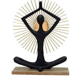 Escultura Moderna de Yoga y Meditación en Aluminio - Figura Zen con Diseño de Rayos de Sol en Negro y Dorado sobre Base de Madera para Decoración de Hogar u Oficina - Product Image 1