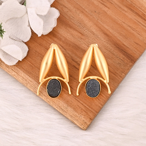 Natural <b>Black</b> Druzy Gemstone Gold Plated Brass <b>Dangle</b> <b>Earrings</b> Designer Jewelry for Women - Product Image 4