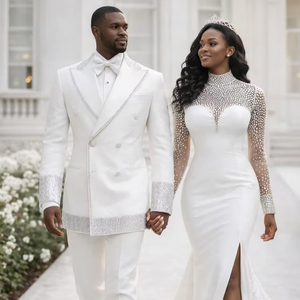 Traje de Novios Blanco – Vestido de Sirena con Cuentas para Novia y Traje Cruzado para Novio, Conjunto de Ropa Formal Personalizada - Product Image 1