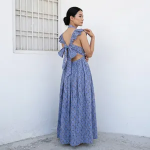 Open Back Square Collar Woven Cotton Breathable A-Line <b>Maxi</b> <b>Dress</b> <b>Flutter</b> <b>Sleeve</b> Summer Boho Floral Block Print Ruffle Strap - Product Image 1
