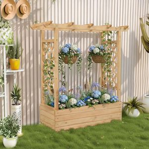 43.5*17.5*44.5 in Fir with <b>Arched</b> Lattice Raised <b>Garden</b> Bed <b>Wooden</b> Planting Frame Natural Fencing Trellis & <b>Gates</b> - Product Image 4
