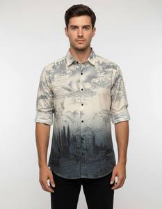 เสื้อเชิ้ตผู้ชายผ้าฝ้ายลินินพิมพ์ลายแขนยาวทรงปกติ ปกเสื้อแบบสเปรด ติดกระดุม สวมใส่สบายๆ แฟชั่นลำลอง ลายพิมพ์ทั่วตัว - Product Image 3