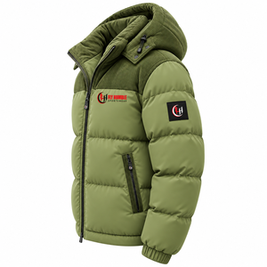 <b>Fly</b> Humble <b>Men's</b> Green Hooded Puffer <b>Jacket</b> Collar Windproof Winter Casual Coat with Patch Logo Zipper Closure wholesale - Product Image 4