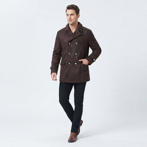 <b>Men's</b> Double Breasted Genuine Leather <b>Pea</b>-<b>coat</b> Overcoat Brown Notched Lapel Long Thick Wool Blend <b>Coat</b> - Product Image 5
