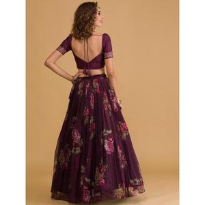 Mono de fiesta increíble Lehenga Choli estampado floral púrpura Organza Sangeet Wear - Product Image 4