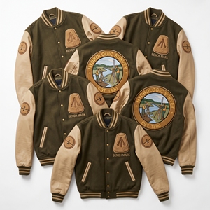 OEM Custom Varsity Letterman Jacket Wool Leather Sleeves Hydrologic Survey River Embroidery <b>Bench</b> Mark Patch Olive <b>Coat</b> - Product Image 1