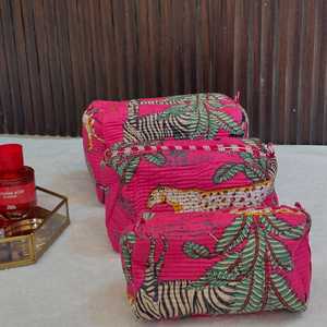 Tiger Print Cotton Toiletry Bag Set Of 3 Quilted Block Printed Wash pouch Makeup Bag Block Print Travel Cosmetic set - Product Image 1