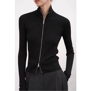 Women's Black Rib Knit <b>Sweater</b> Full Sleeve Stand Collar Zipper Front Minimalist Design Autumn Wear 100% Acrylic - Product Image 1