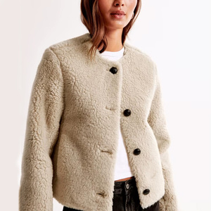 Women's Faux Fur Sherpa <b>Jacket</b> O-Neck Single Breasted Button Closure Full Sleeve Winter Short Coat Thick Fleece Material - Product Image 4