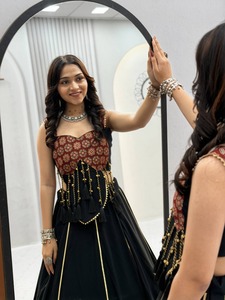 Traditional Indian Cotton <b>Lehenga</b> Set With Black Floral Print And Tassel Detailing Loose Fit Wedding Wear For <b>Women</b> - Product Image 2