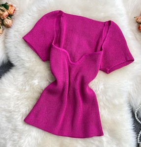 Blouses en tricot décontractées pour femmes, style été, mi-longues, à nœud simple, manches courtes, col carré, couleur unie, hauts de fête - Product Image 4