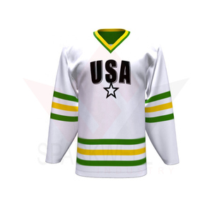 Custom Men's White <b>Green</b> Yellow Ice Hockey Jersey V Neck Full Sleeve Front Logo Quick Dry Breathable Polyester Sports Apparel - Product Image 1