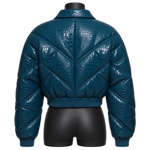 Blouson Bomber en Cristal Gaufré Bleu Écologique, Col Rabattu, Fermeture Éclair Avant, Manteau d'Hiver Classique Unisexe Style Moto - Product Image 2