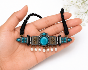 Joyería Bohemia Vintage para Mujer al por Mayor, Chapada en Plata Oxidada de Dos Tonos, con Piedra Monalisa, Conjunto de Gargantilla y Pendientes con Engaste de Bisel - Product Image 4