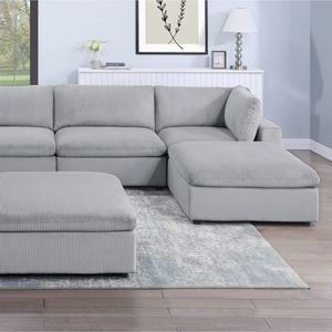 Set Divano Modulare 7 Pezzi Grigio Scuro in Velluto a Coste per Soggiorno con 2 Angolari, 2 Poltrone Senza Braccioli e 3 Pouf F - Product Image 5