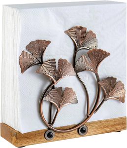 Leaf Design Napkin Holder Vintage Copper Tone Metal Gingko Leaves & Solid Acacia Wood Tabletop Napkin Rack Stand Elegant - Product Image 1