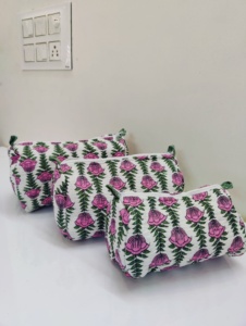 Block Print Art Quilted 100% Cotton Foldable Multifunction <b>Toiletry</b> & Makeup Bag Set of 3 Eco-Friendly Durable <b>Storage</b> - Product Image 4