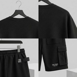 Conjunto de 2 piezas de ropa urbana para hombre: Camiseta oversize de algodón grueso transpirable para verano y pantalones cortos cargo relajados, personalizables de alta calidad. - Product Image 3