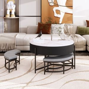 Tavolino da Caffè Moderno Rotondo con Piano Sollevabile e Contenitore, Bianco e Nero, 3 Pouf - Product Image 3
