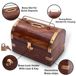 Tirelire en bois de Sheesham, tirelire en bois artisanale et boîte à monnaie avec serrure et clé, design coffre au trésor pour enfants et adultes - Product Image 2