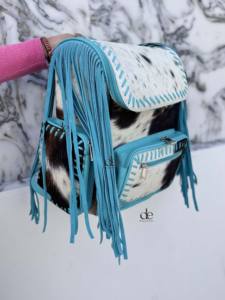 Mochila de Cuero con Flecos de Piel de Vaca, Color Turquesa, Unisex, Hermosa Mochila de Diseño Hecha a Mano, Multiusos - Product Image 2