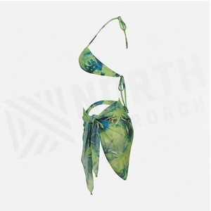Ensemble bikini 2 pièces pour femme, imprimé plantes tropicales, haut croisé à bretelles croisées avec jupe enveloppante, maillot de bain extensible en spandex et polyester - Product Image 3