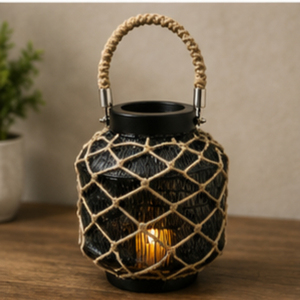 Round <b>Black</b> <b>Lantern</b> Candle Holder with Rope Net Design and Handle for Home Decoration - Product Image 5