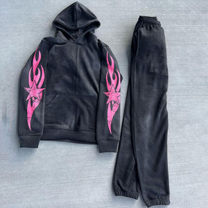 Ensemble sweat à capuche et jogging en denim rose, coupe oversize, poids moyen, couleur unie, délavé, style streetwear, OEM ODM, fabricant de survêtements - Product Image 1